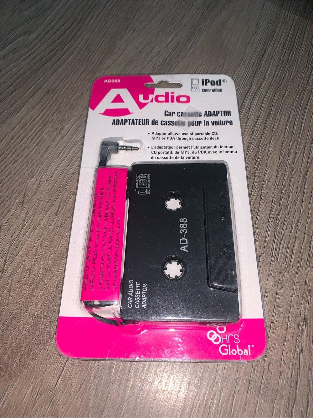 Car Cassette Adapter AD-388 — Black Adapter with Pink Cable